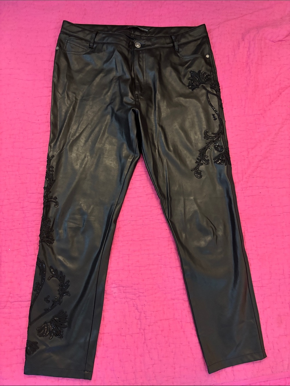 Ermanno Scervino Black Faux Leather Straight Leg Pants with Bead Embellishment